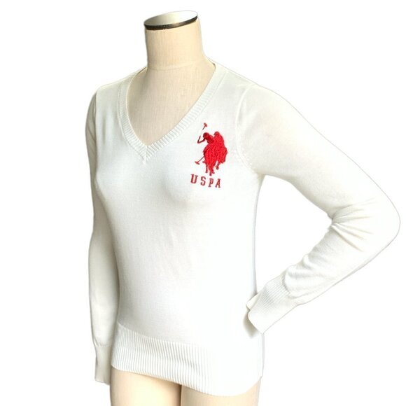 US Polo Assn White V-Neck Sweater Sz Juniors L #68A - Picture 2 of 9